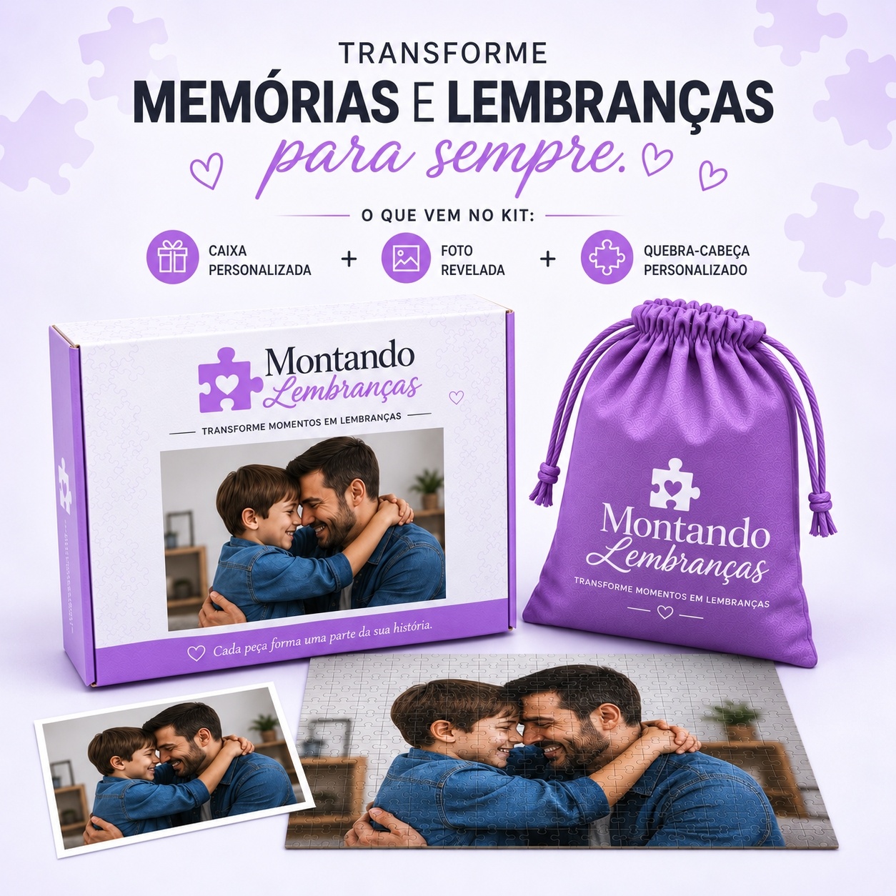 Quebra-cabeça personalizado com foto de família em mesa branca